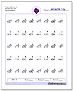 Facts Only Division Worksheet 16 56/8, 56/7, 48/8, 48/6