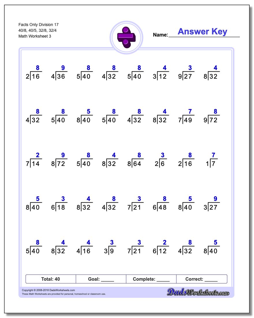 Facts Only Division Worksheet 17 40/8, 40/5, 32/8, 32/4