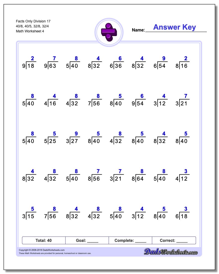 Facts Only Division Worksheet 17 40/8, 40/5, 32/8, 32/4