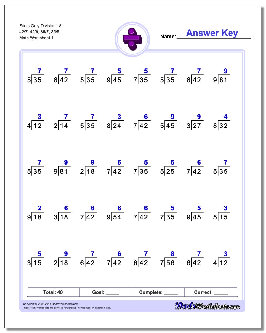 Division Worksheet Facts Only 18 42/7, 42/6, 35/7, 35/5