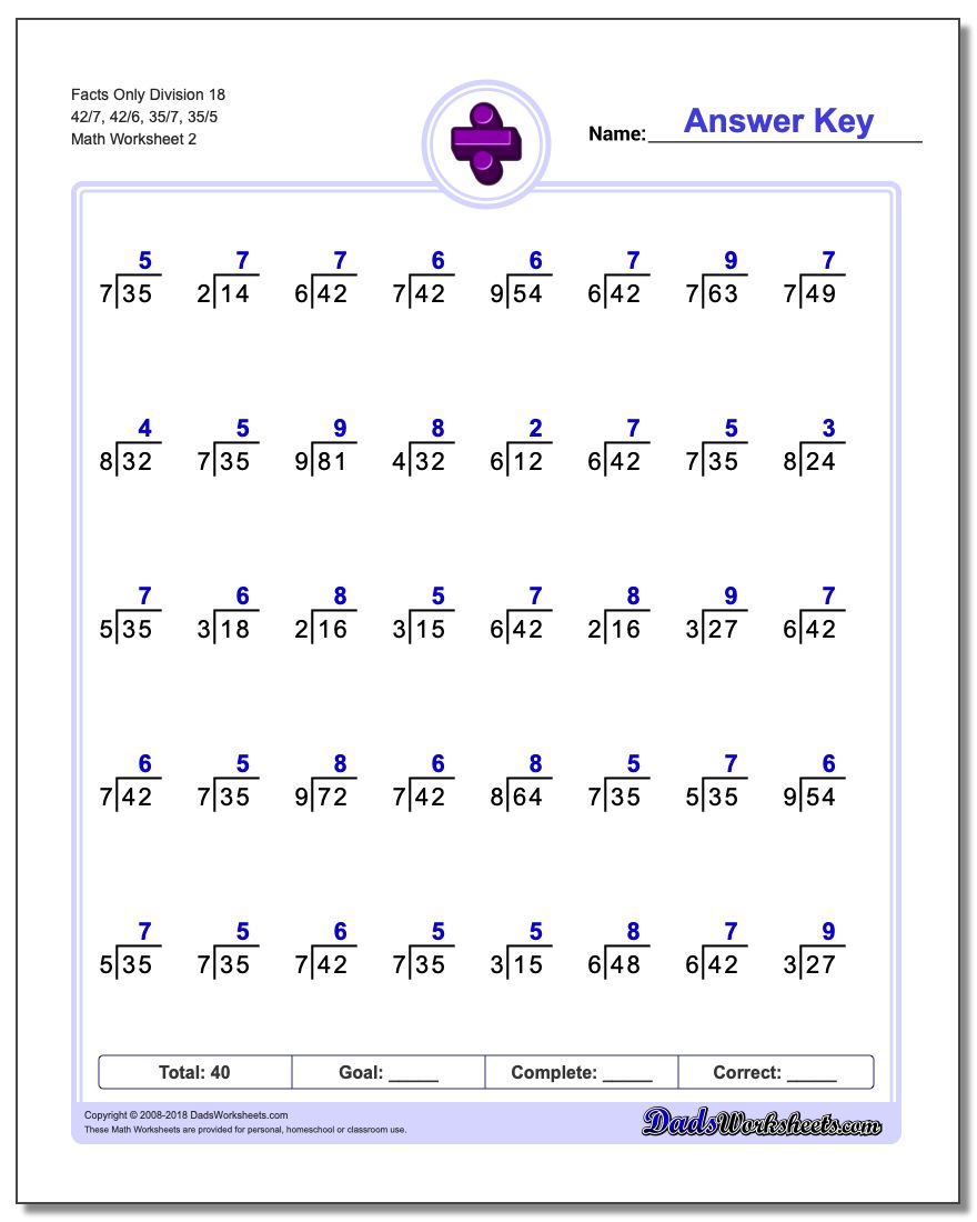 Facts Only Division Worksheet 18 42/7, 42/6, 35/7, 35/5 www.dadsworksheets.com/worksheets/division.html