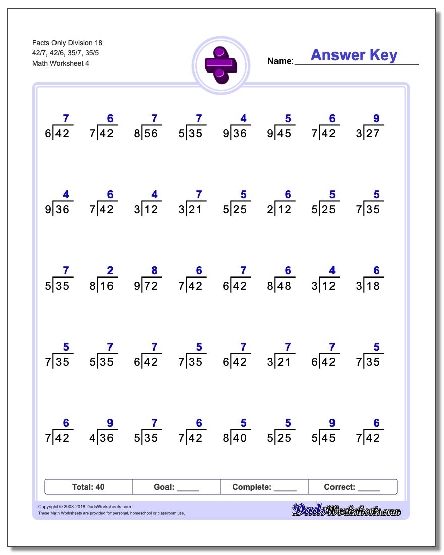 Facts Only Division Worksheet 18 42/7, 42/6, 35/7, 35/5
