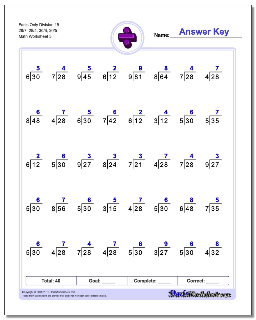 Facts Only Division Worksheet 19 28/7, 28/4, 30/6, 30/5