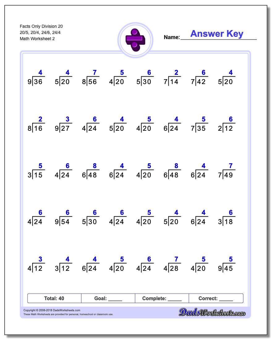 Facts Only Division Worksheet 20 20/5, 20/4, 24/6, 24/4 www.dadsworksheets.com/worksheets/division.html