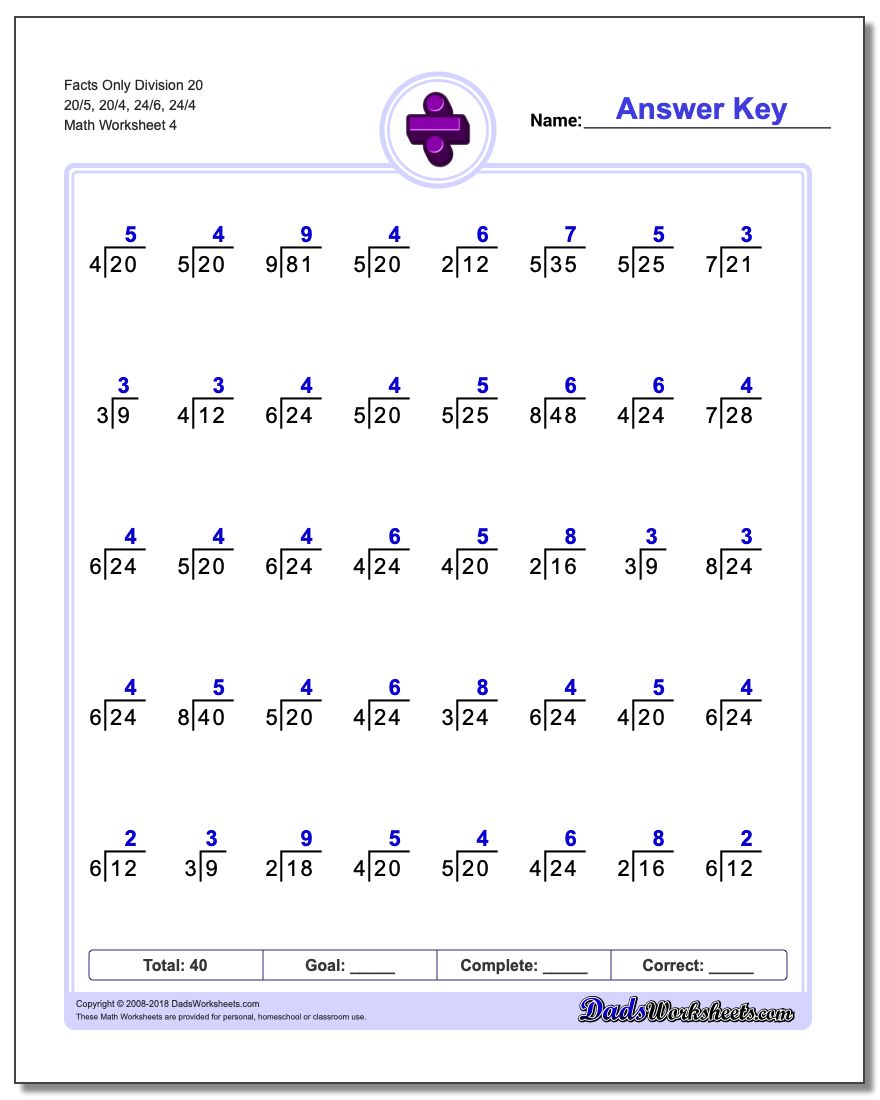 Facts Only Division Worksheet 20 20/5, 20/4, 24/6, 24/4