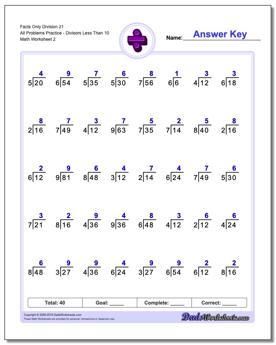 Facts Only Division Worksheet 21 All Problems Worksheet PracticeDivisors Less Than Worksheet 10 www.dadsworksheets.com/worksheets/division.html