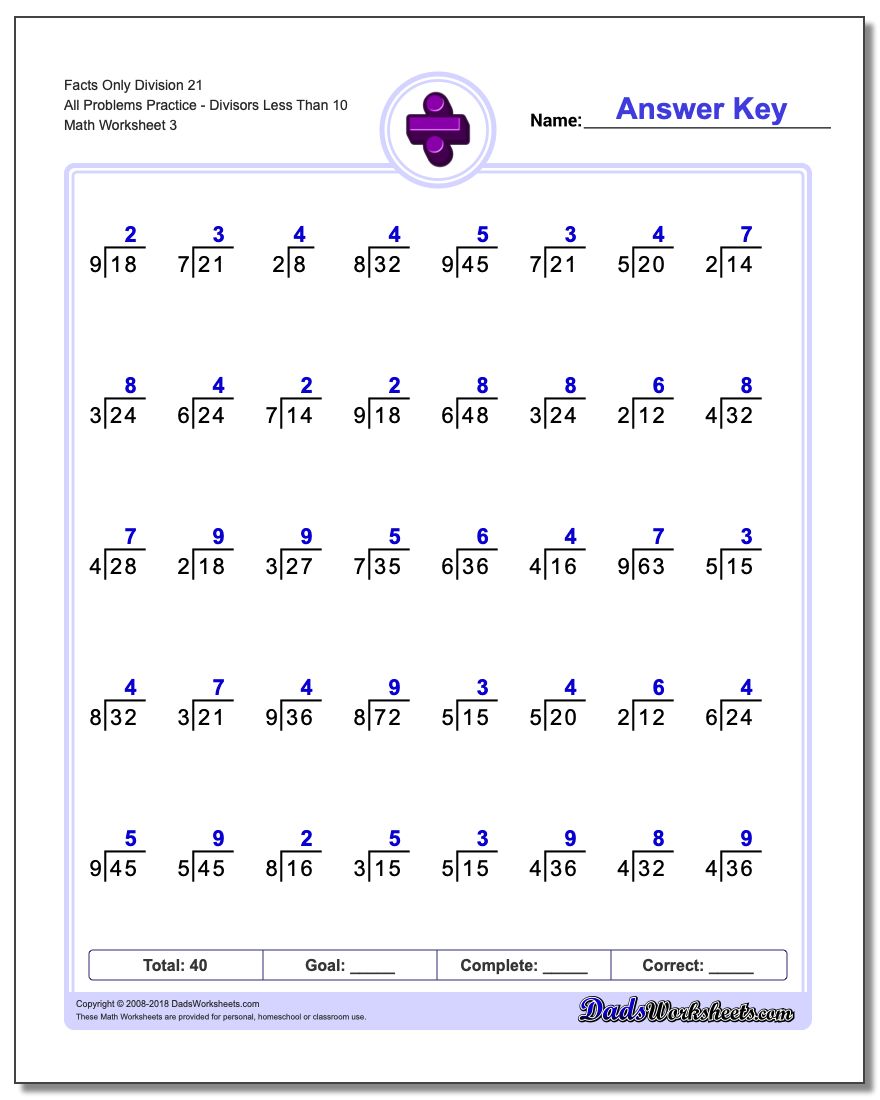 Facts Only Division Worksheet 21 All Problems Worksheet PracticeDivisors Less Than Worksheet 10