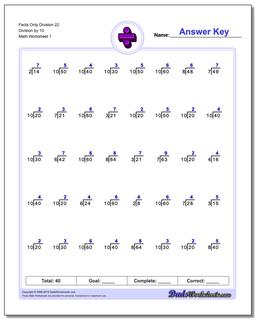 Division Worksheet Facts Only 22 by 10