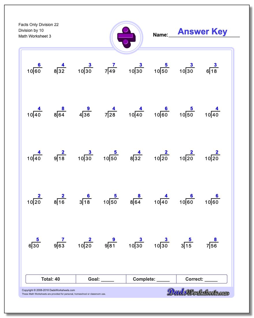 Facts Only Division Worksheet 22 Division by 10