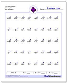 Facts Only Division Worksheet 22 Division by 10