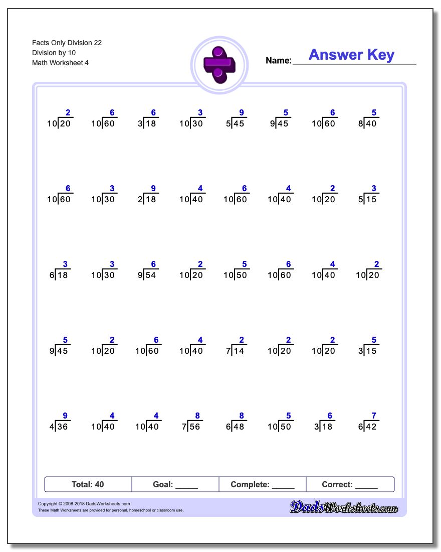 Facts Only Division Worksheet 22 Division by 10