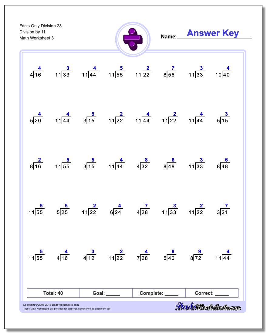 Facts Only Division Worksheet 23 Division by 11