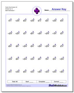 Division Worksheet Facts Only 24 by 12