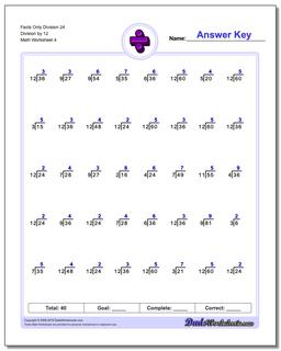 Facts Only Division Worksheet 24 Division by 12