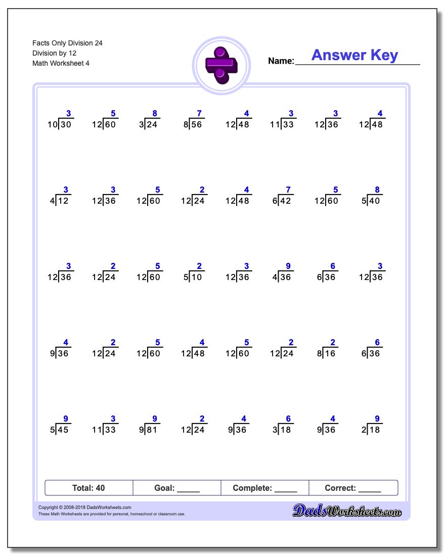Facts Only Division Worksheet 24 Division by 12