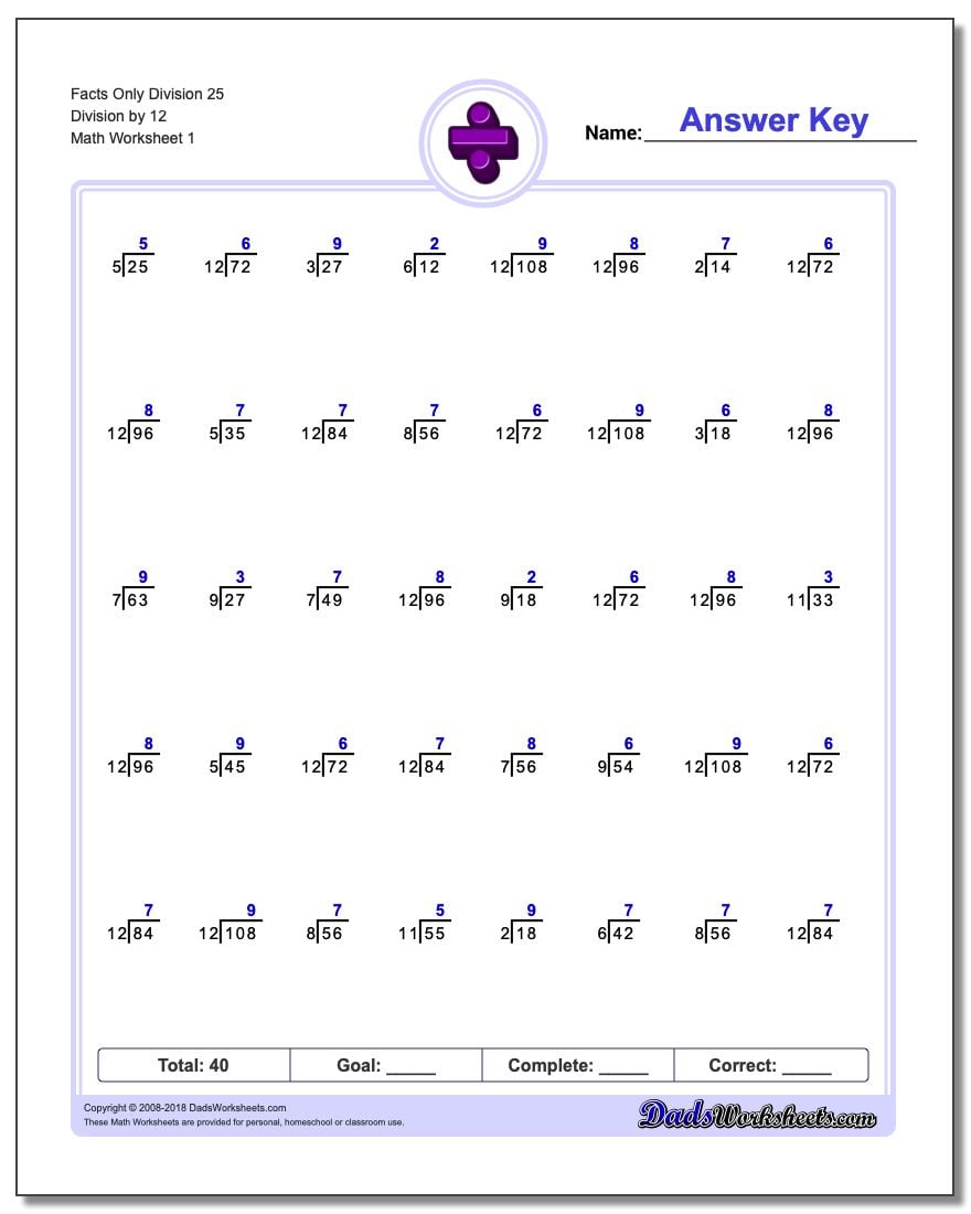 Division Worksheet Facts Only 25 by 12
