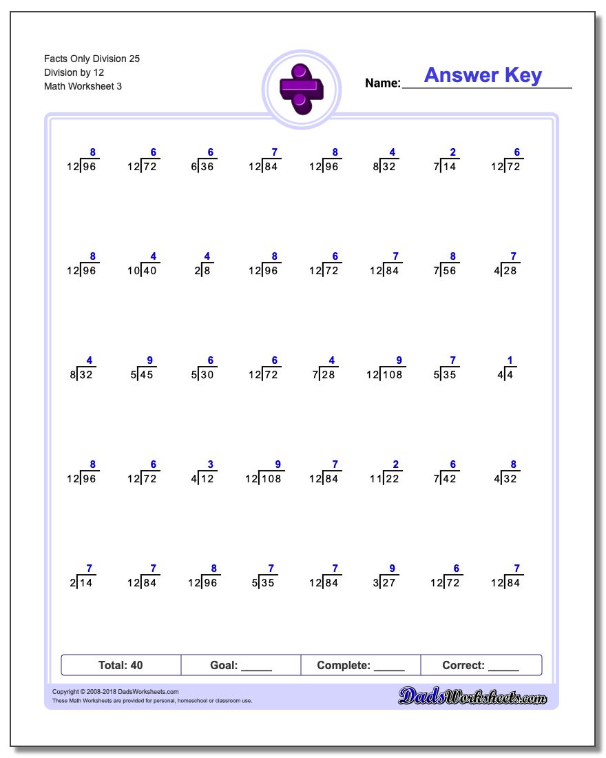 Facts Only Division Worksheet 25 Division by 12