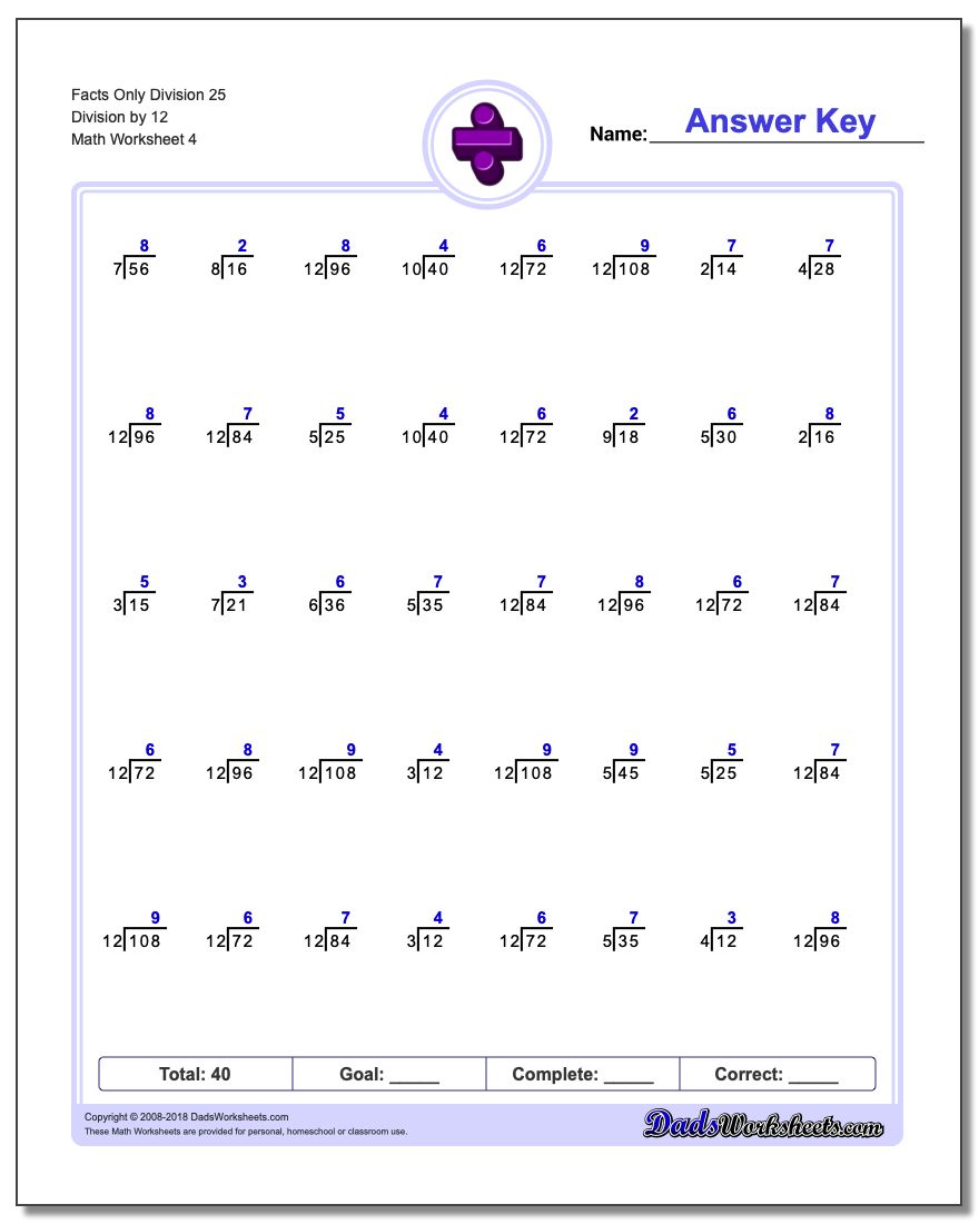 Facts Only Division Worksheet 25 Division by 12