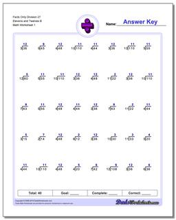 Division Worksheet Facts Only 27 Elevens and Twelves B