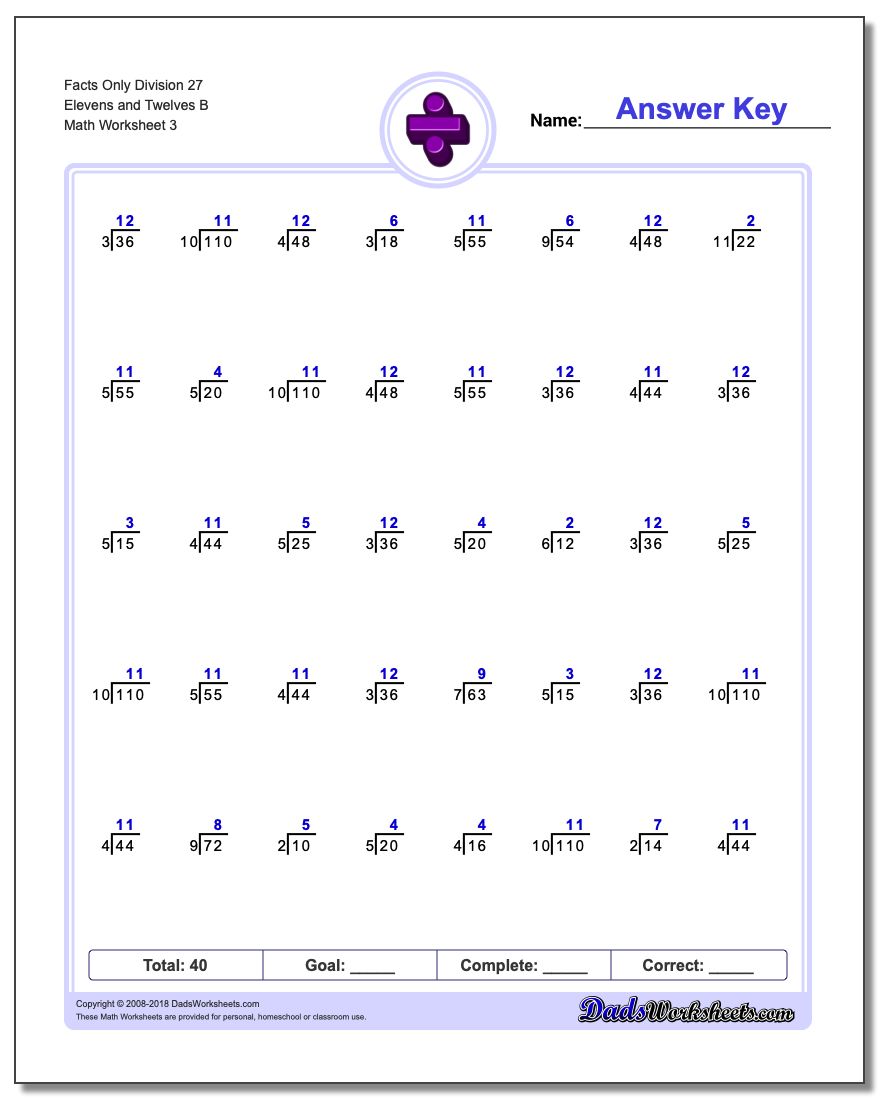 Facts Only Division Worksheet 27 Elevens and Twelves B