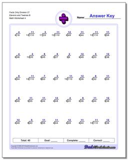 Facts Only Division Worksheet 27 Elevens and Twelves B