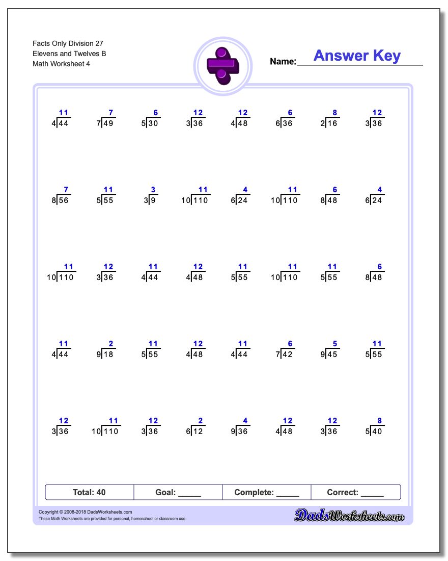 Facts Only Division Worksheet 27 Elevens and Twelves B