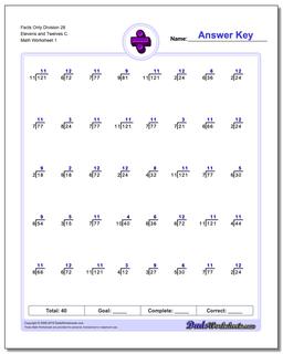 Division Worksheet Facts Only 28 Elevens and Twelves C