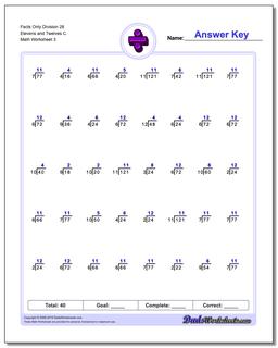 Facts Only Division Worksheet 28 Elevens and Twelves C