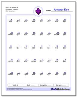 Division Worksheet Facts Only 29 Elevens and Twelves D