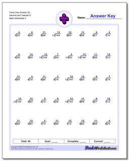 Facts Only Division Worksheet 29 Elevens and Twelves D