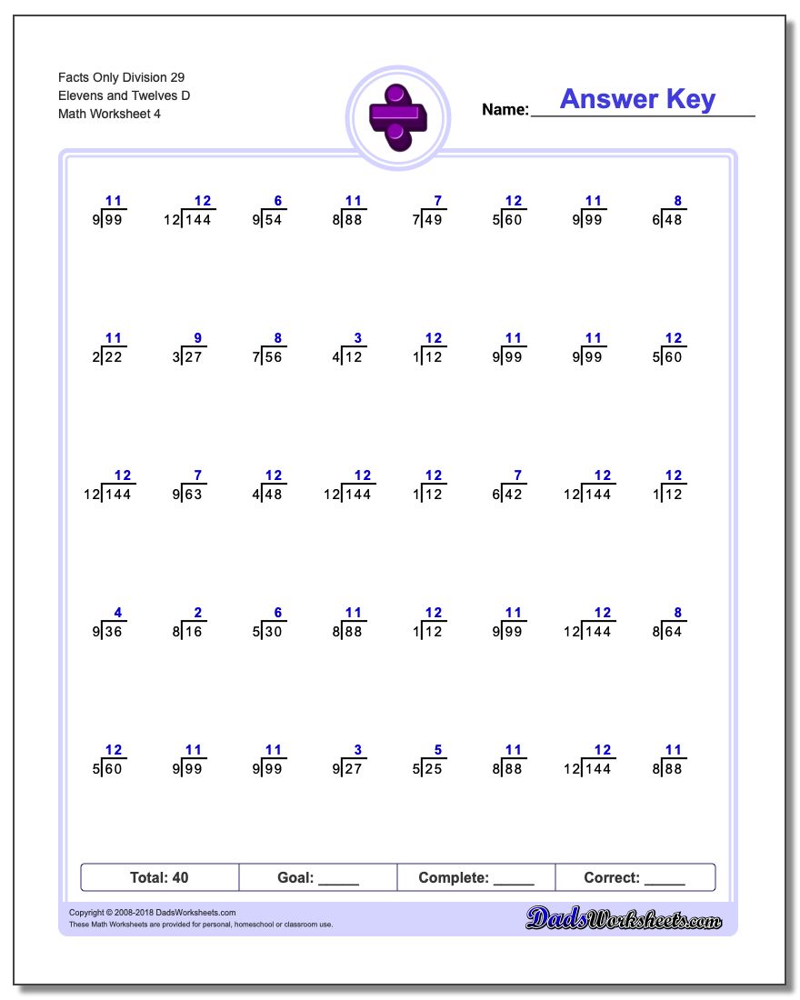 Facts Only Division Worksheet 29 Elevens and Twelves D