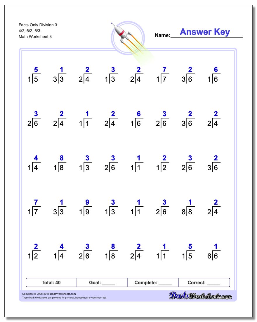 Facts Only Division Worksheet 3 4/2, 6/2, 6/3