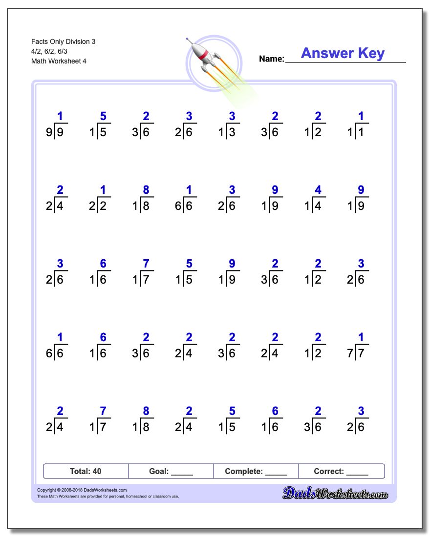 Facts Only Division Worksheet 3 4/2, 6/2, 6/3