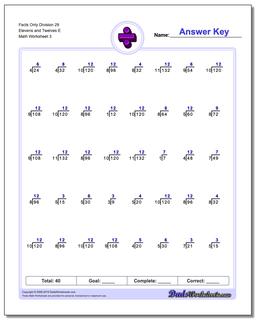 Facts Only Division Worksheet 29 Elevens and Twelves E