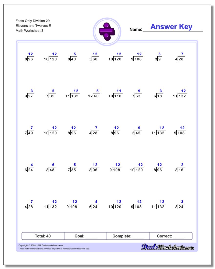 Facts Only Division Worksheet 29 Elevens and Twelves E