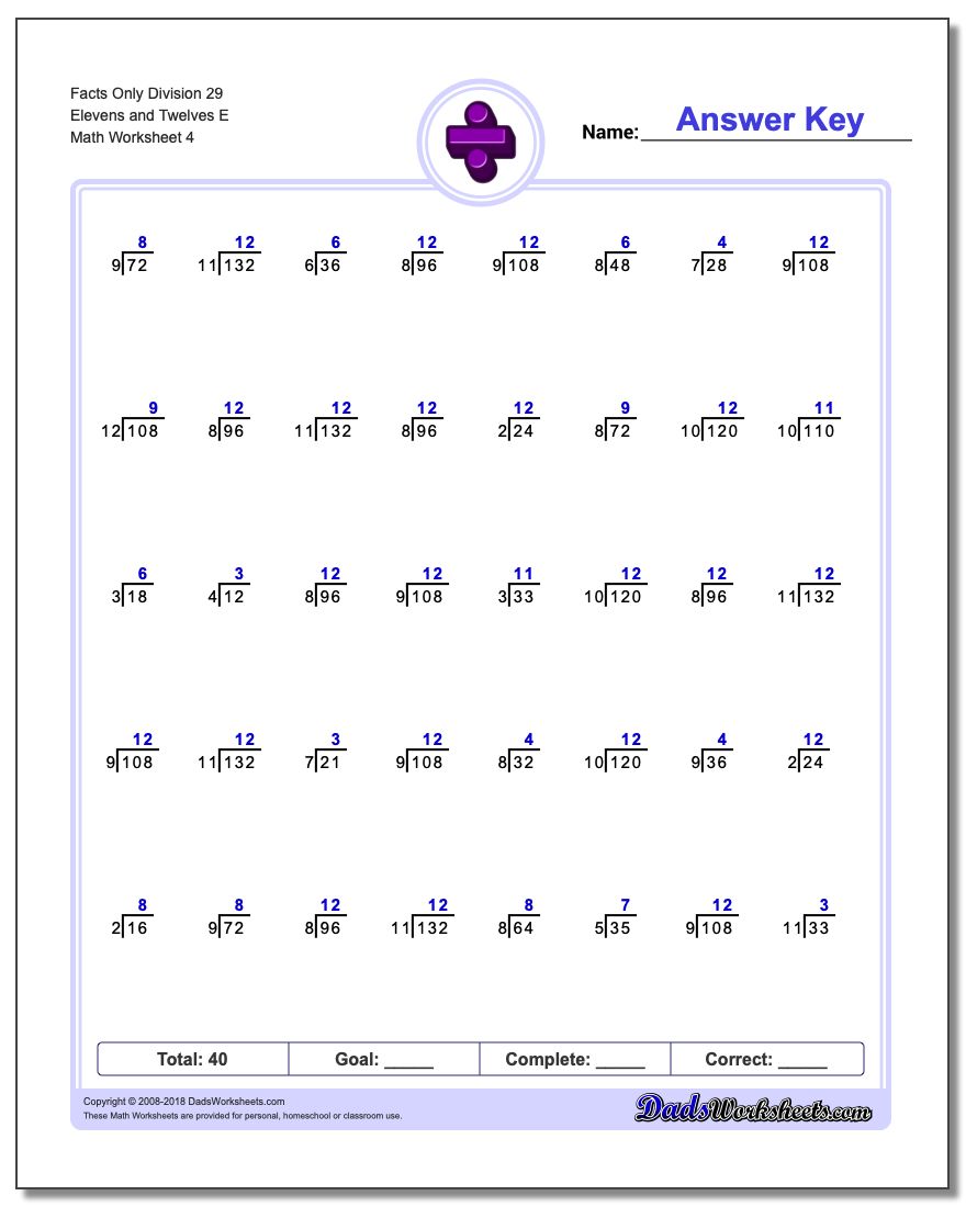 Facts Only Division Worksheet 29 Elevens and Twelves E