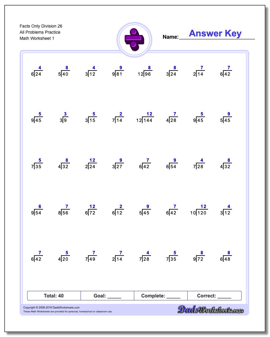Division Worksheet Facts Only 26 All Problems Practice