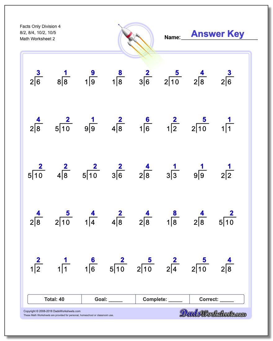 Facts Only Division Worksheet 4 8/2, 8/4, 10/2, 10/5 www.dadsworksheets.com/worksheets/division.html