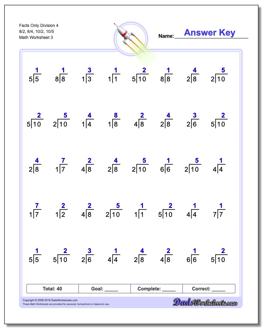 Facts Only Division Worksheet 4 8/2, 8/4, 10/2, 10/5