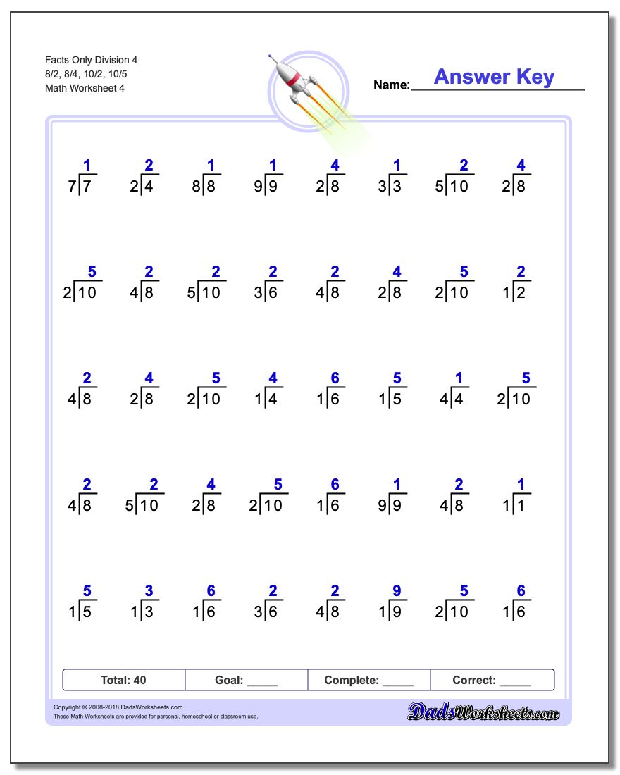 Facts Only Division Worksheet 4 8/2, 8/4, 10/2, 10/5