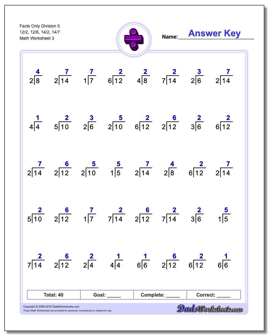 Facts Only Division Worksheet 5 12/2, 12/6, 14/2, 14/7