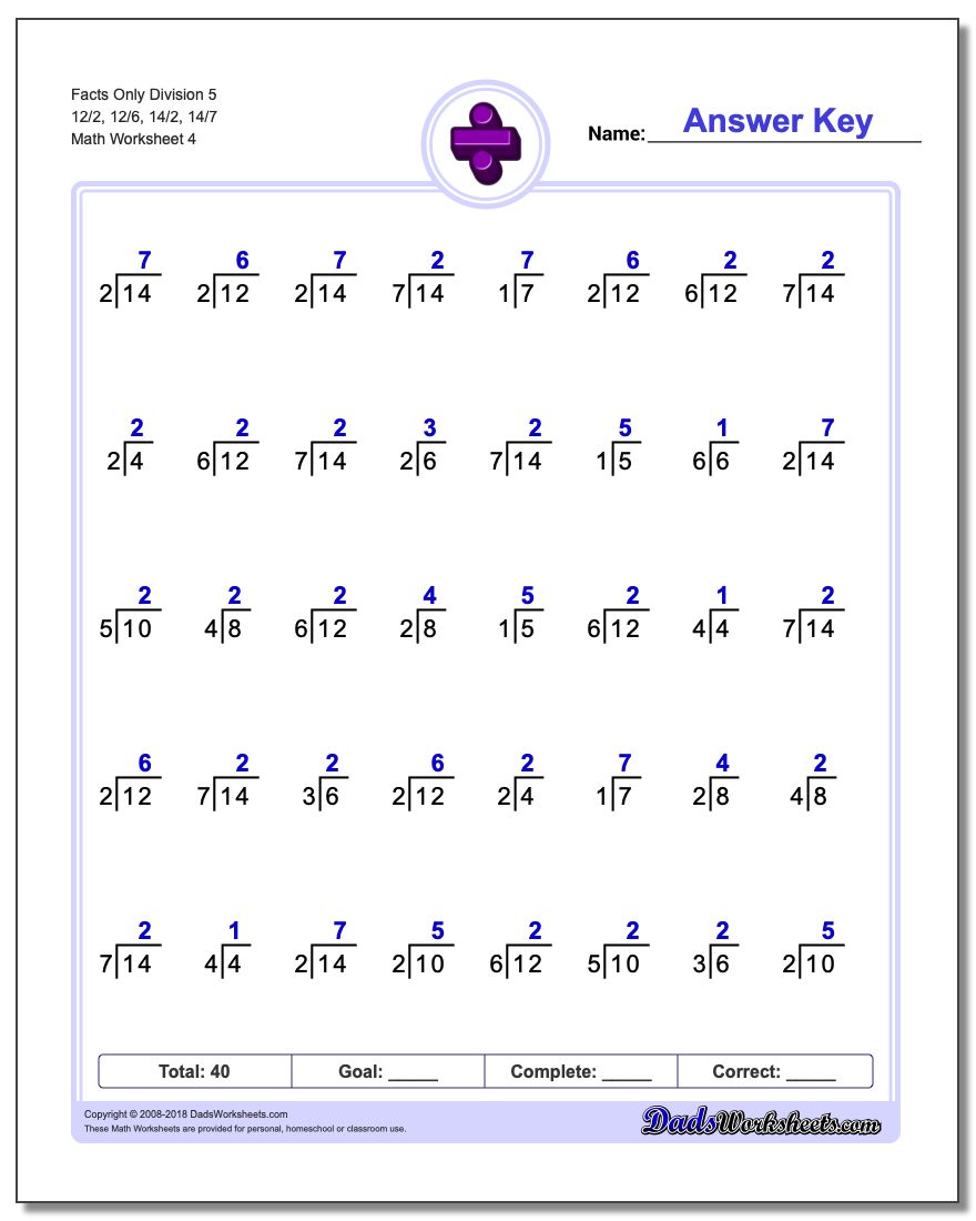 Facts Only Division Worksheet 5 12/2, 12/6, 14/2, 14/7
