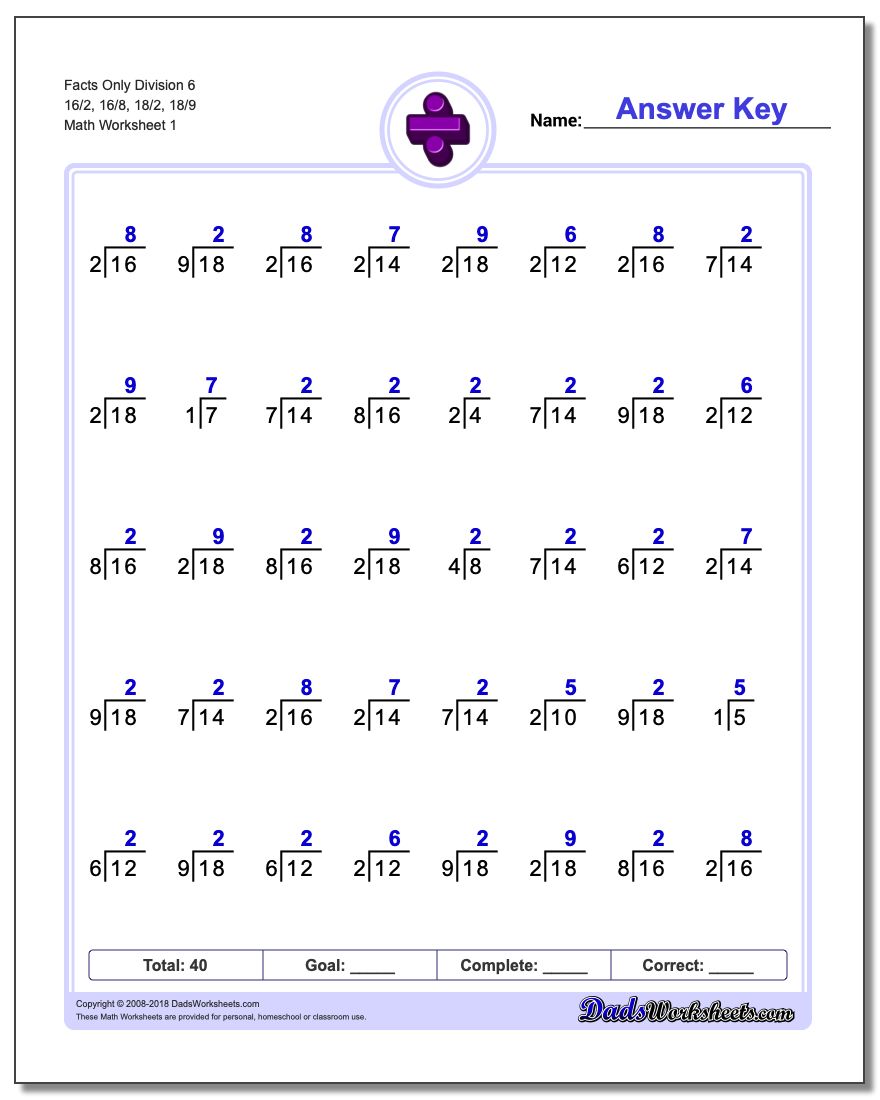 Division Worksheet Facts Only 6 16/2, 16/8, 18/2, 18/9
