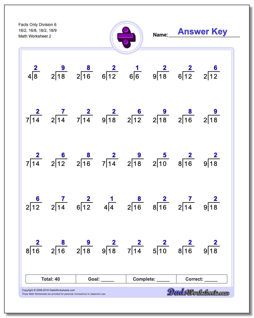 Facts Only Division Worksheet 6 16/2, 16/8, 18/2, 18/9 www.dadsworksheets.com/worksheets/division.html