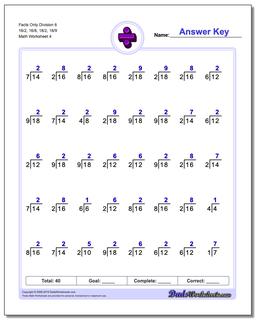 Facts Only Division Worksheet 6 16/2, 16/8, 18/2, 18/9