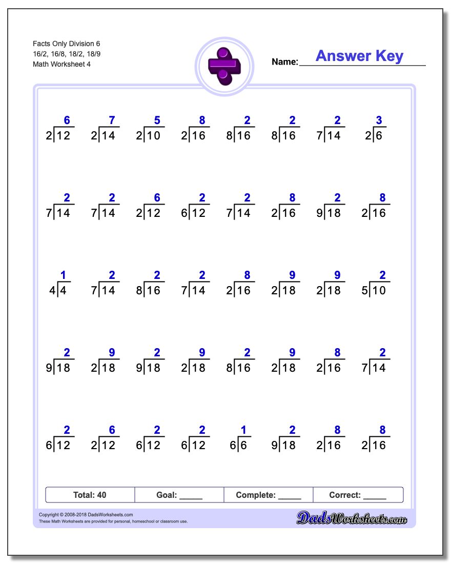 Facts Only Division Worksheet 6 16/2, 16/8, 18/2, 18/9