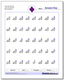 Facts Only Division Worksheet 7 27/9, 27/3, 36/9, 36/4