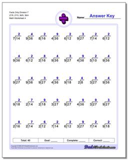 Facts Only Division Worksheet 7 27/9, 27/3, 36/9, 36/4