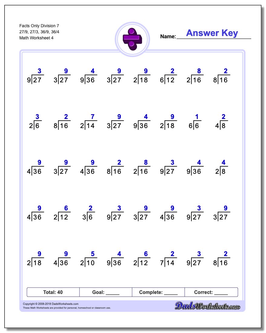 Facts Only Division Worksheet 7 27/9, 27/3, 36/9, 36/4