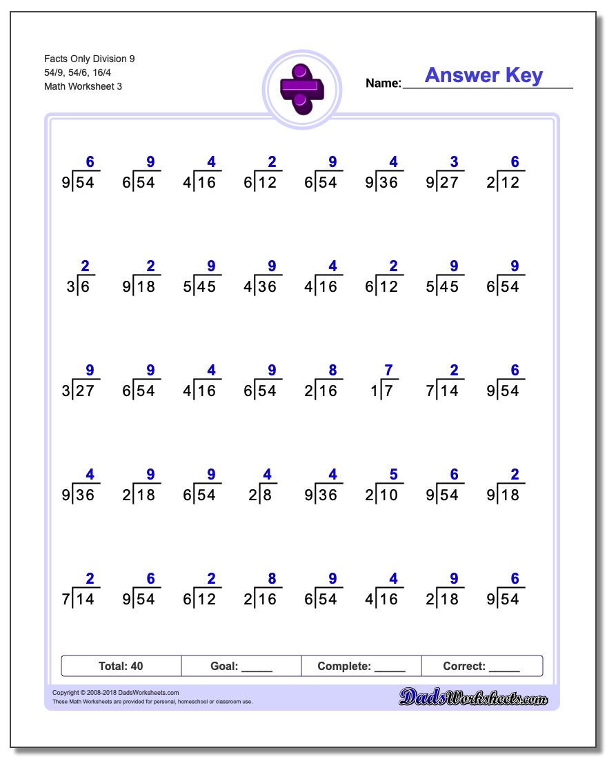 Facts Only Division Worksheet 9 54/9, 54/6, 16/4